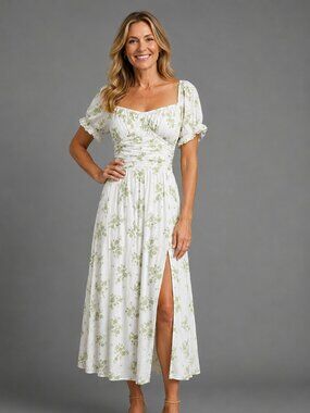 Hollister White & Sage Green Floral Smocked Midi Dress Slit Hem Small
